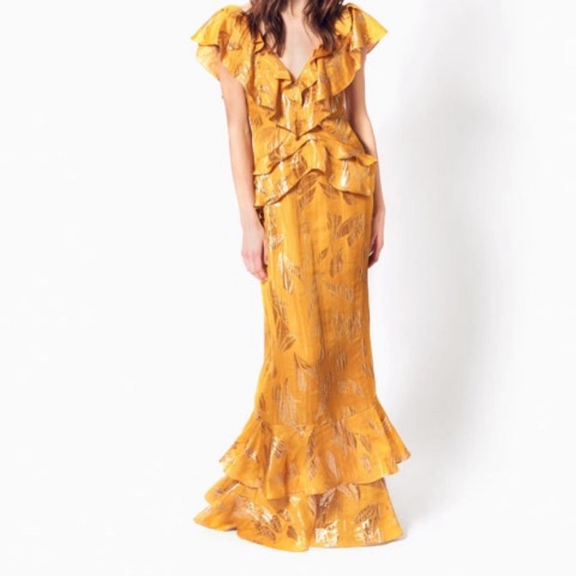 Rachel Zoe Mustard Yellow Metallic Ruffle Maxi Dress